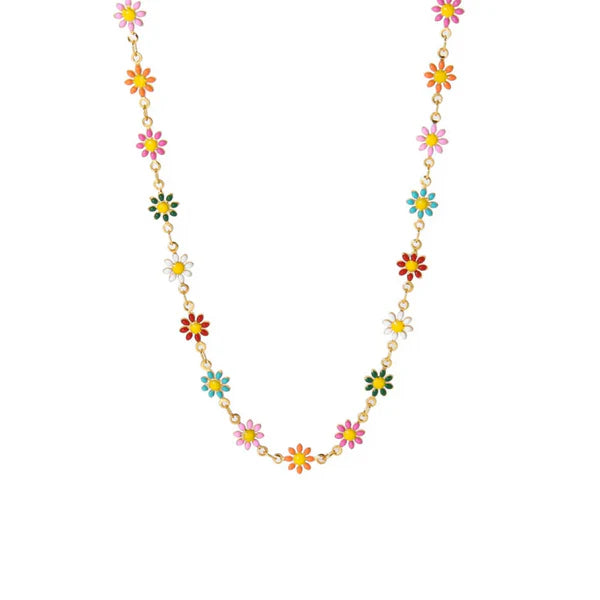 A gold necklace adorned with colourful enamel flowers in pink, yellow, red, green, and blue.